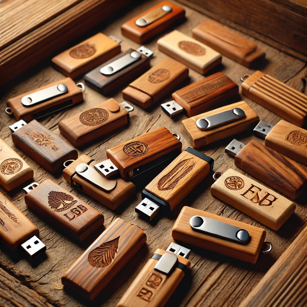 image of several personalized wooden USB pendrives arranged on a rustic wooden surface. The pendrives are made from various types of wood,