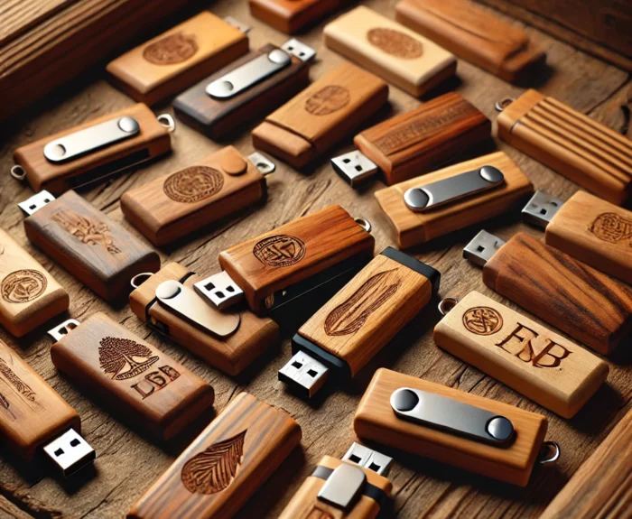 image of several personalized wooden USB pendrives arranged on a rustic wooden surface. The pendrives are made from various types of wood,