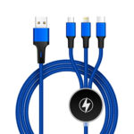 3-in-1 Light Up Logo USB Charger Cable with Micro USB, USB-C and Lightning Connectors, with USB Input.