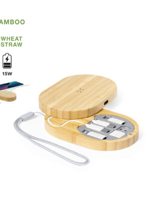 wireless charger box made of bamboo with a charging cable set